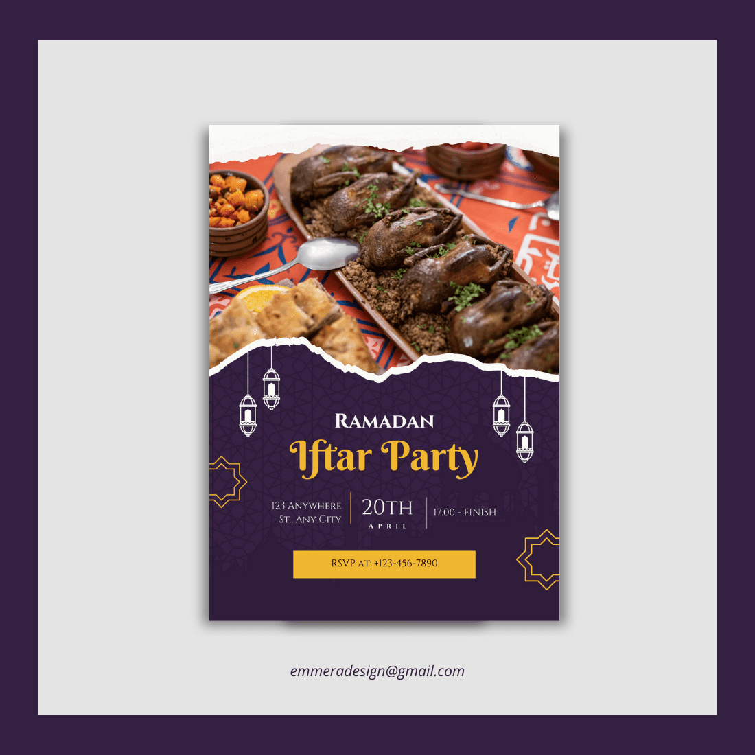 [Design 2] Purple Gold Elegant Ramadan Iftar Party Flyer Canva Template preview image.