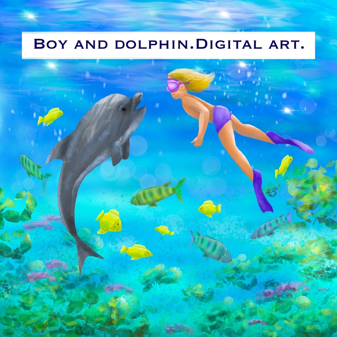 Boy and dolphinDigital art cover image.