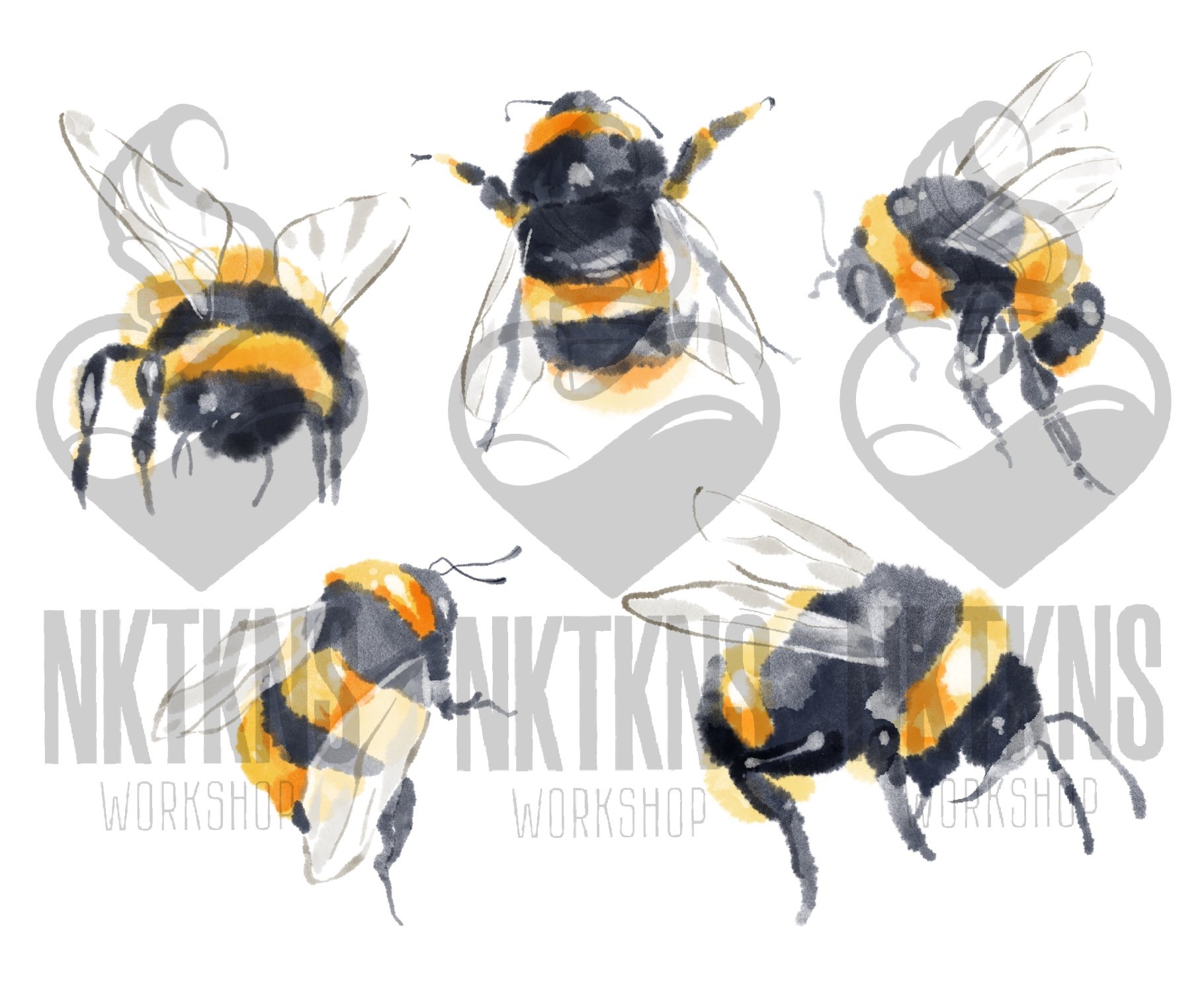 Honey bee, wasp, bumblebee. Watercolor digital paper