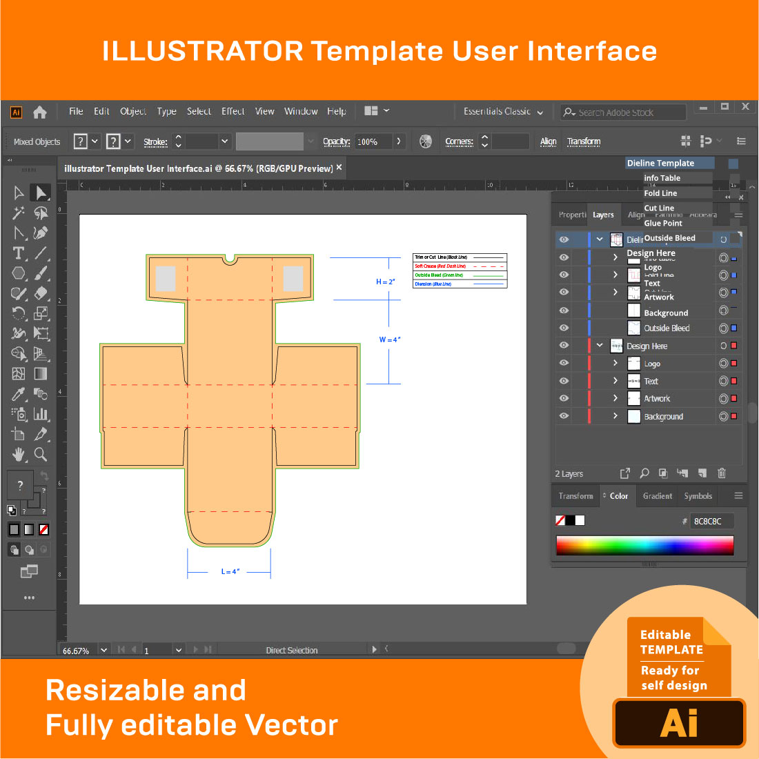 Indestructo tuck end Box, Dieline Template, SVG, EPS, PDF, DXF, Ai, PNG, JPEG preview image.