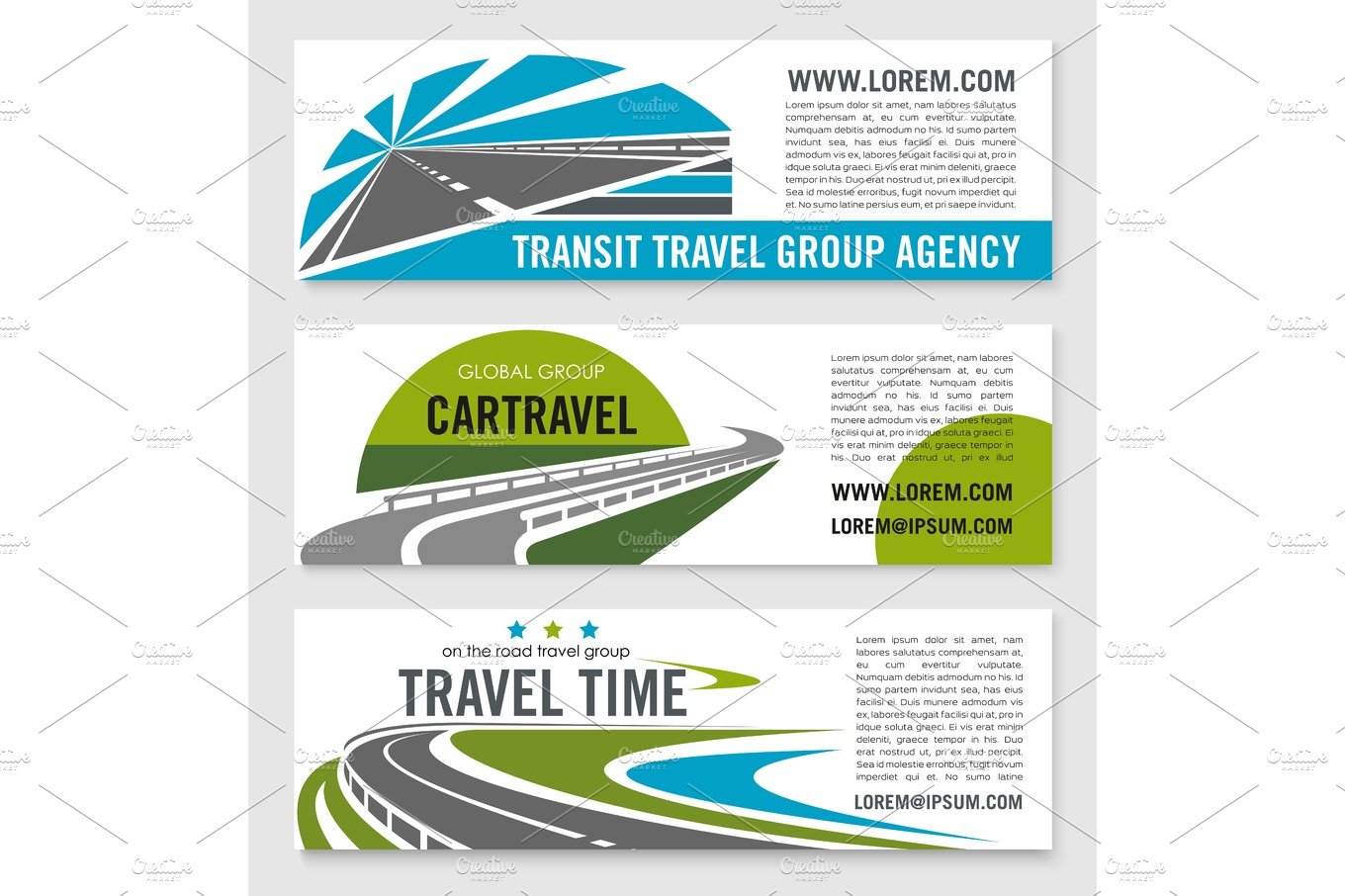 Road travel company vector banners set cover image.