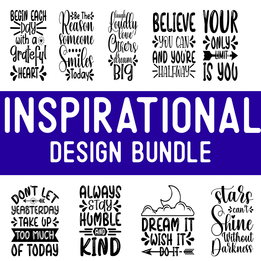 Purple and white poster with the words inspirational design bundle.