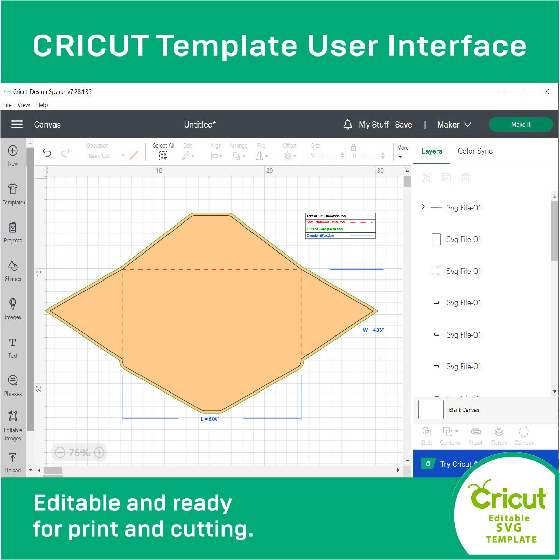 Screen shot of a computer screen with the text cricut template user interface.