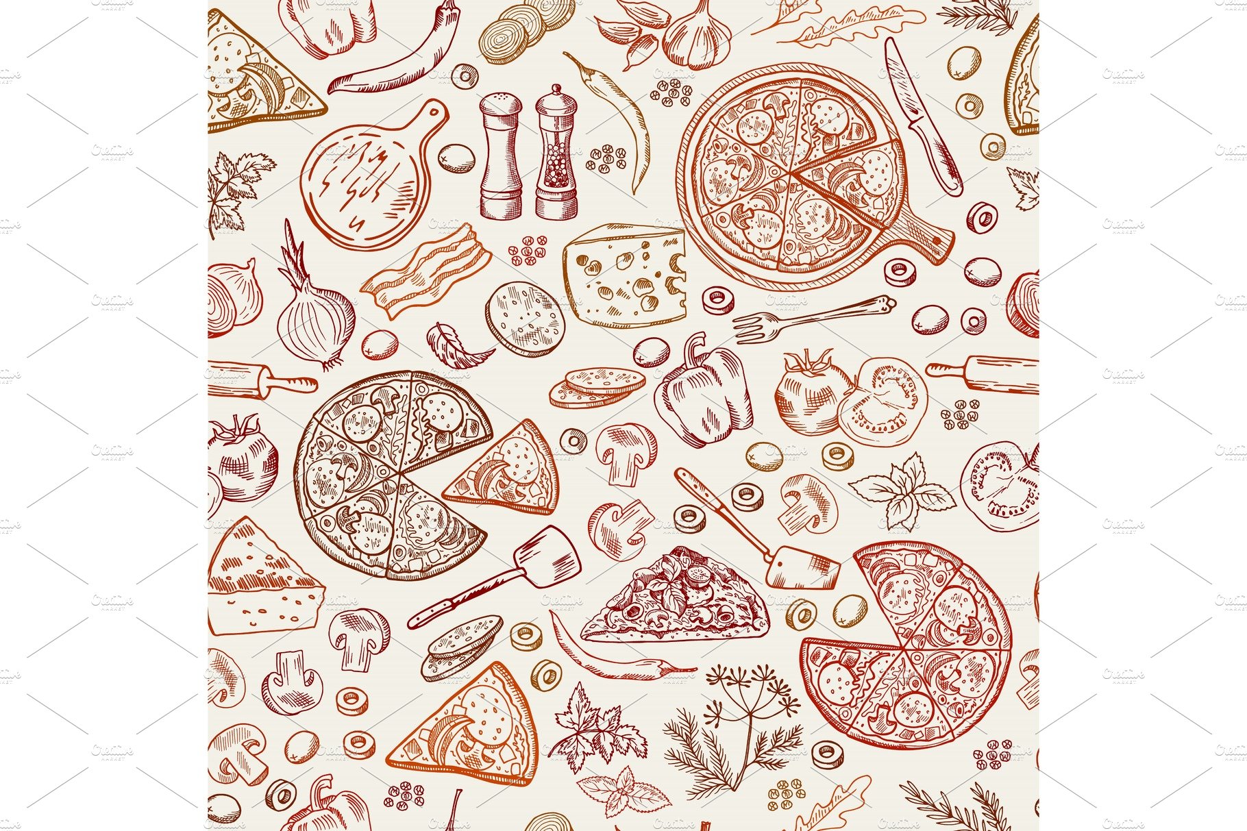 Seamless pattern with classical italian foods. Hand drawn illustrations of ... cover image.