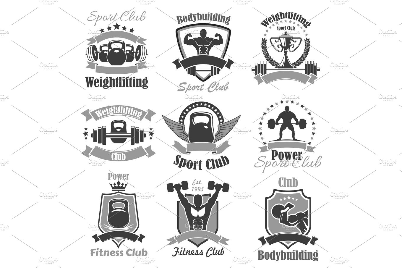 Weightlifting fitness gym sport club vector icons cover image.