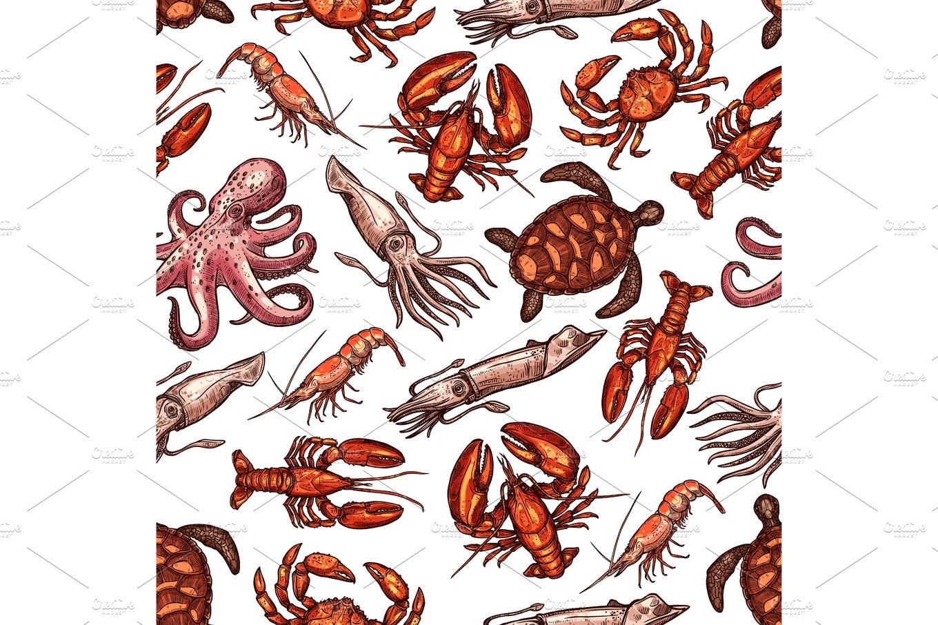 Sea mollusks and animals seamless vector pattern cover image.
