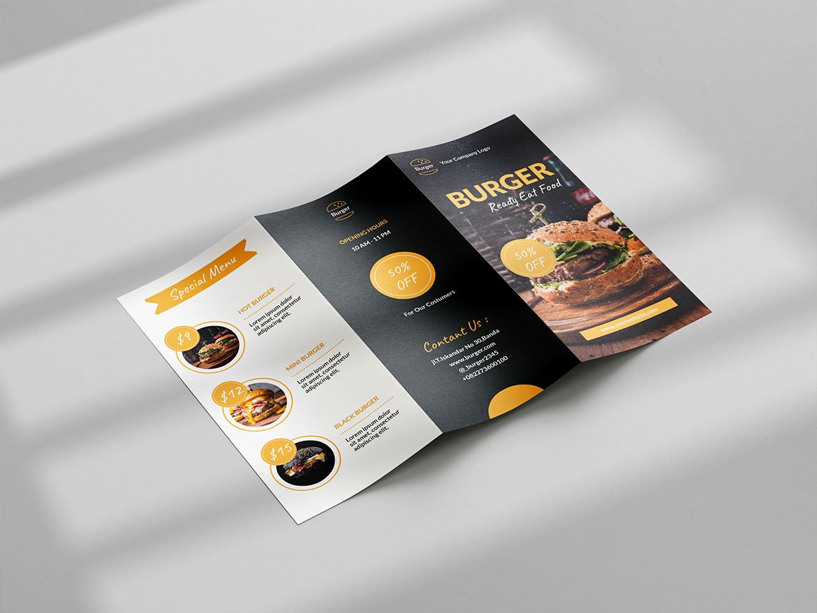 BURGER Trifold Brochure Template preview image.