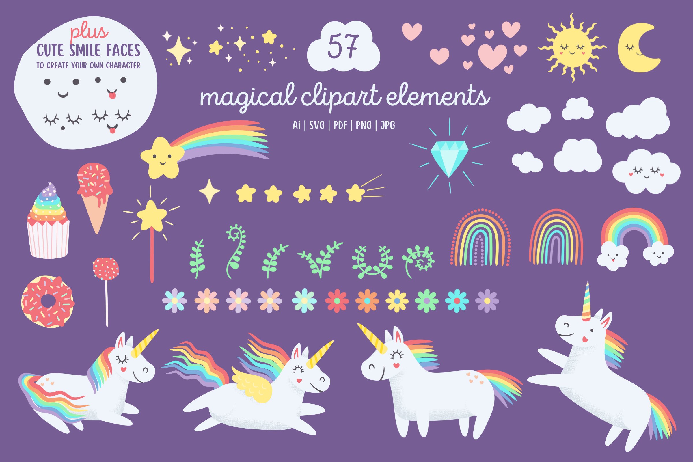 Happy Rainbow Unicorns Clipart Pack preview image.