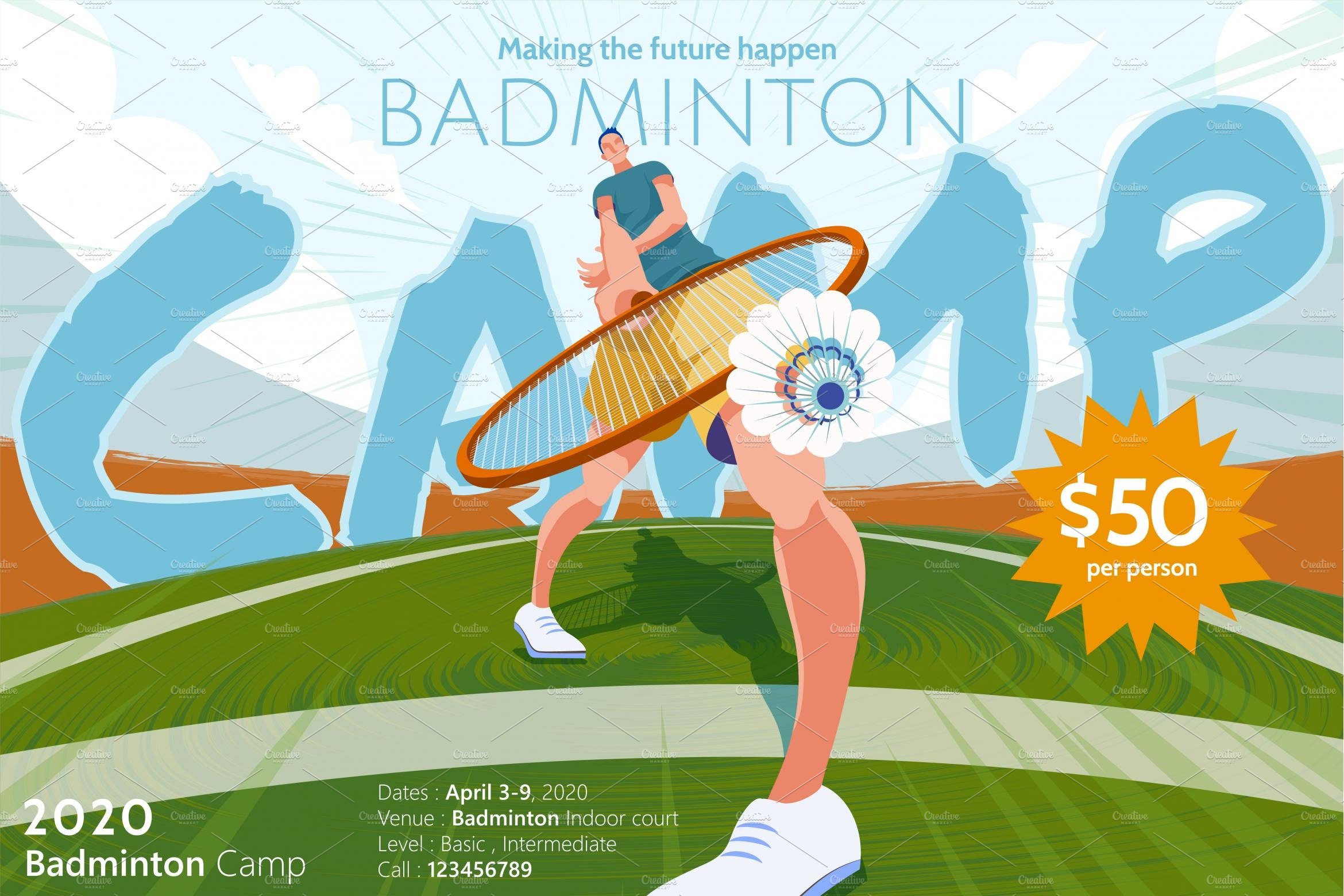 Badminton camp promotion poster cover image.