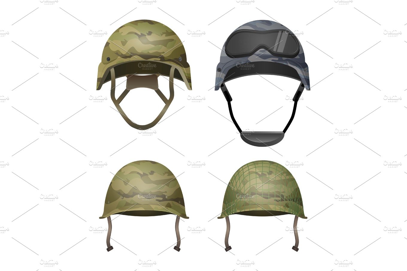Set of military camouflage helmets in khaki camo colors cover image.