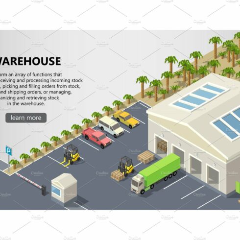Vector isometric warehouse, delivery cover image.