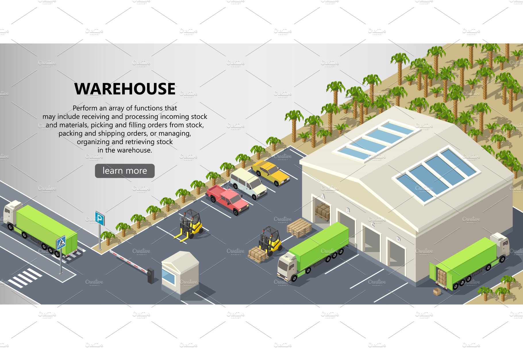 Vector isometric warehouse, delivery cover image.