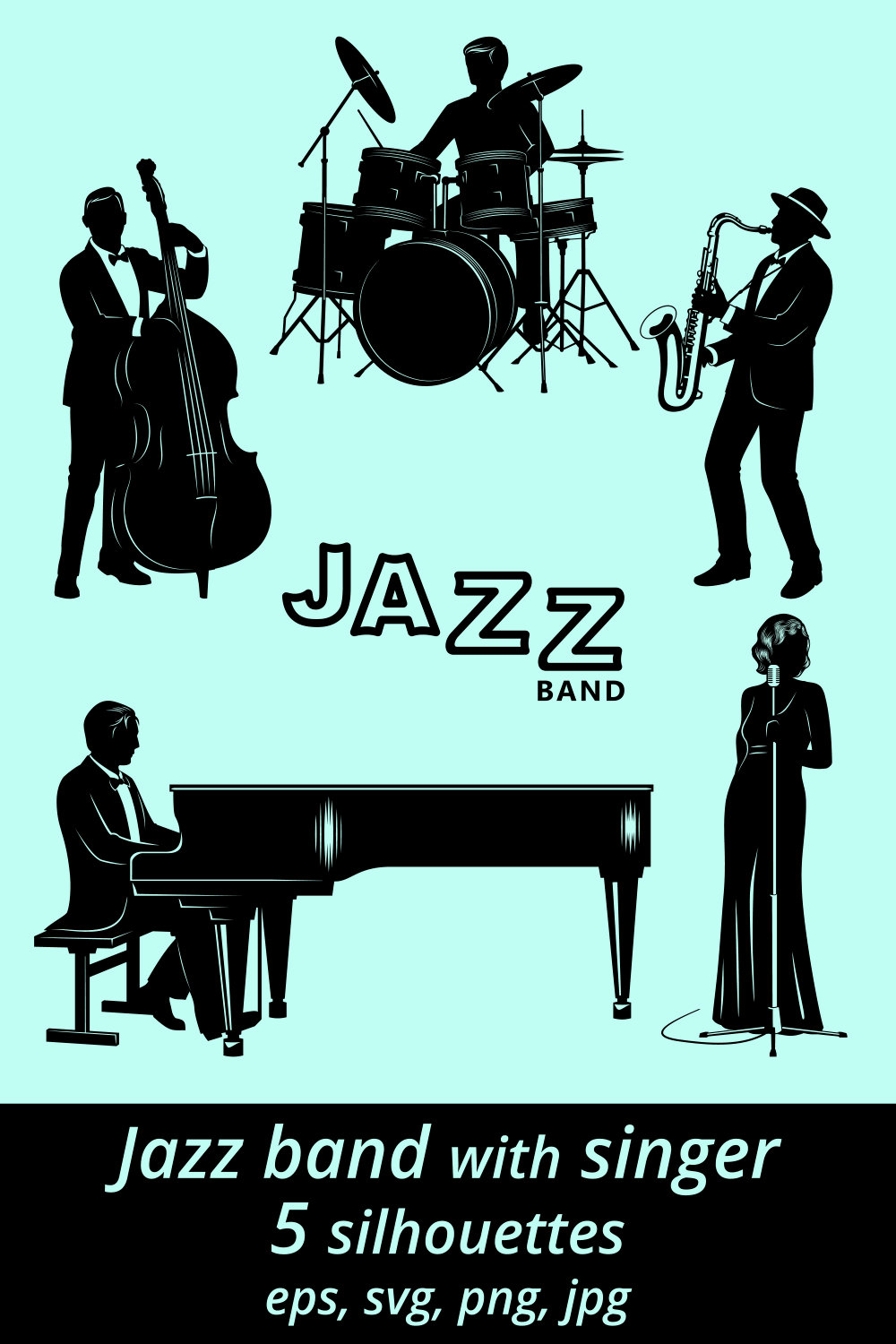 Jazz Band with Singer Silhouettes pinterest preview image.
