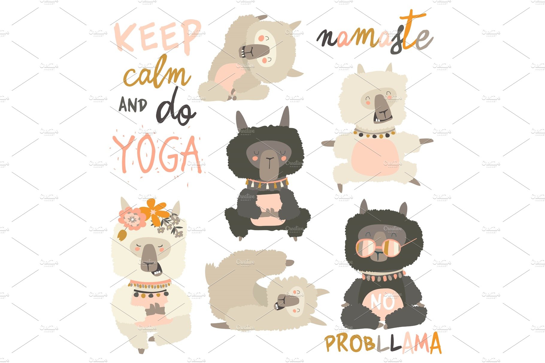 Set of cute llama alpaca in yoga cover image.