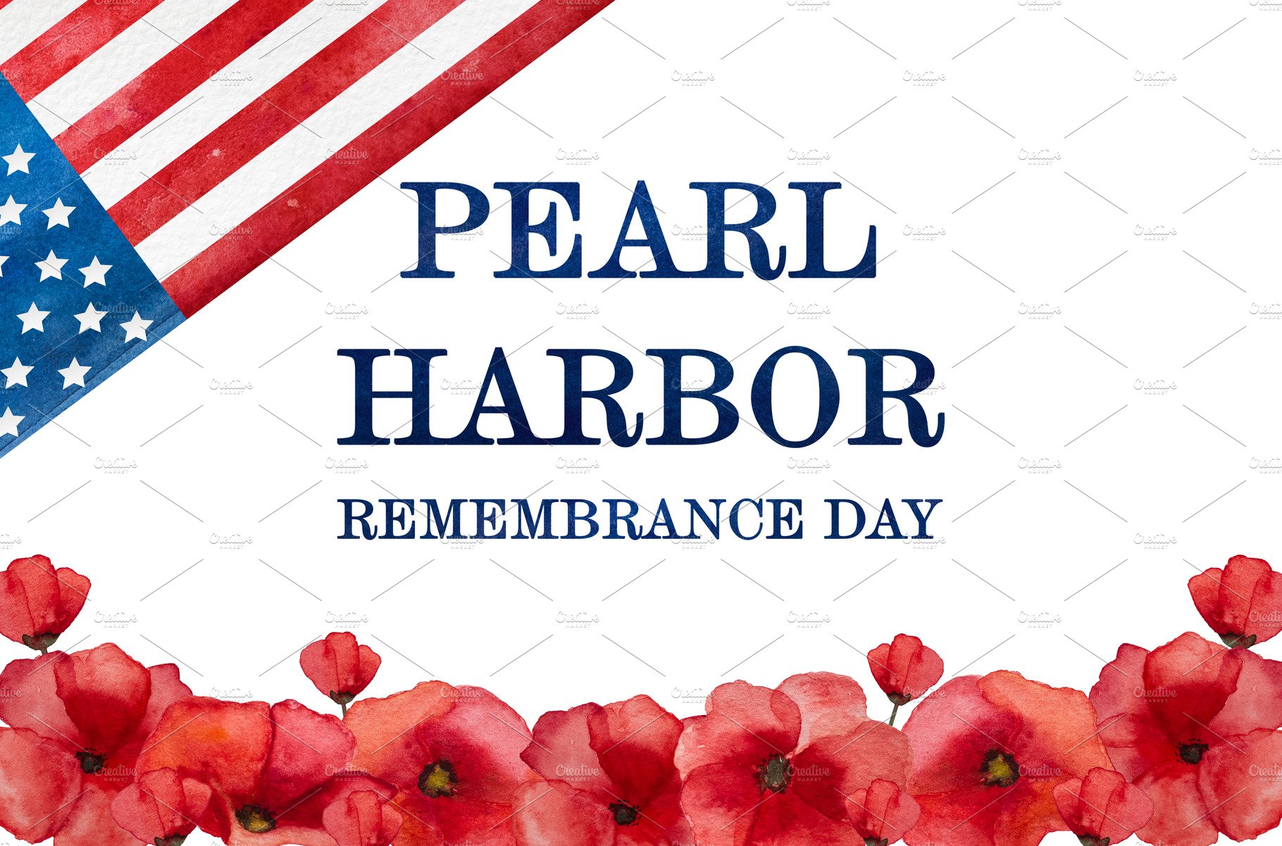 Pearl Harbor Remembrance Day. Greeting inscription. National holiday cover image.