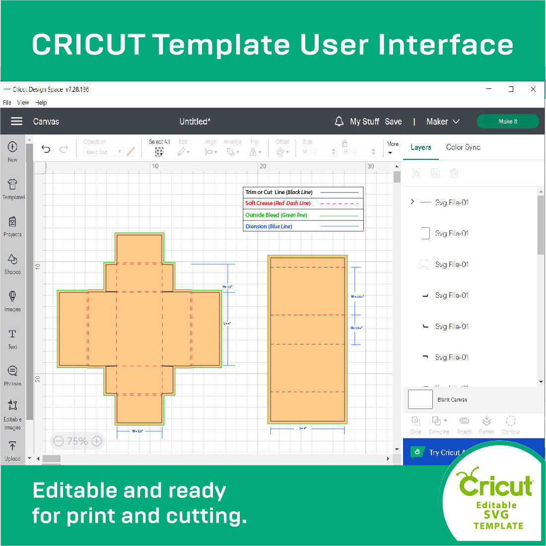 Screen shot of the cricut template user interface.