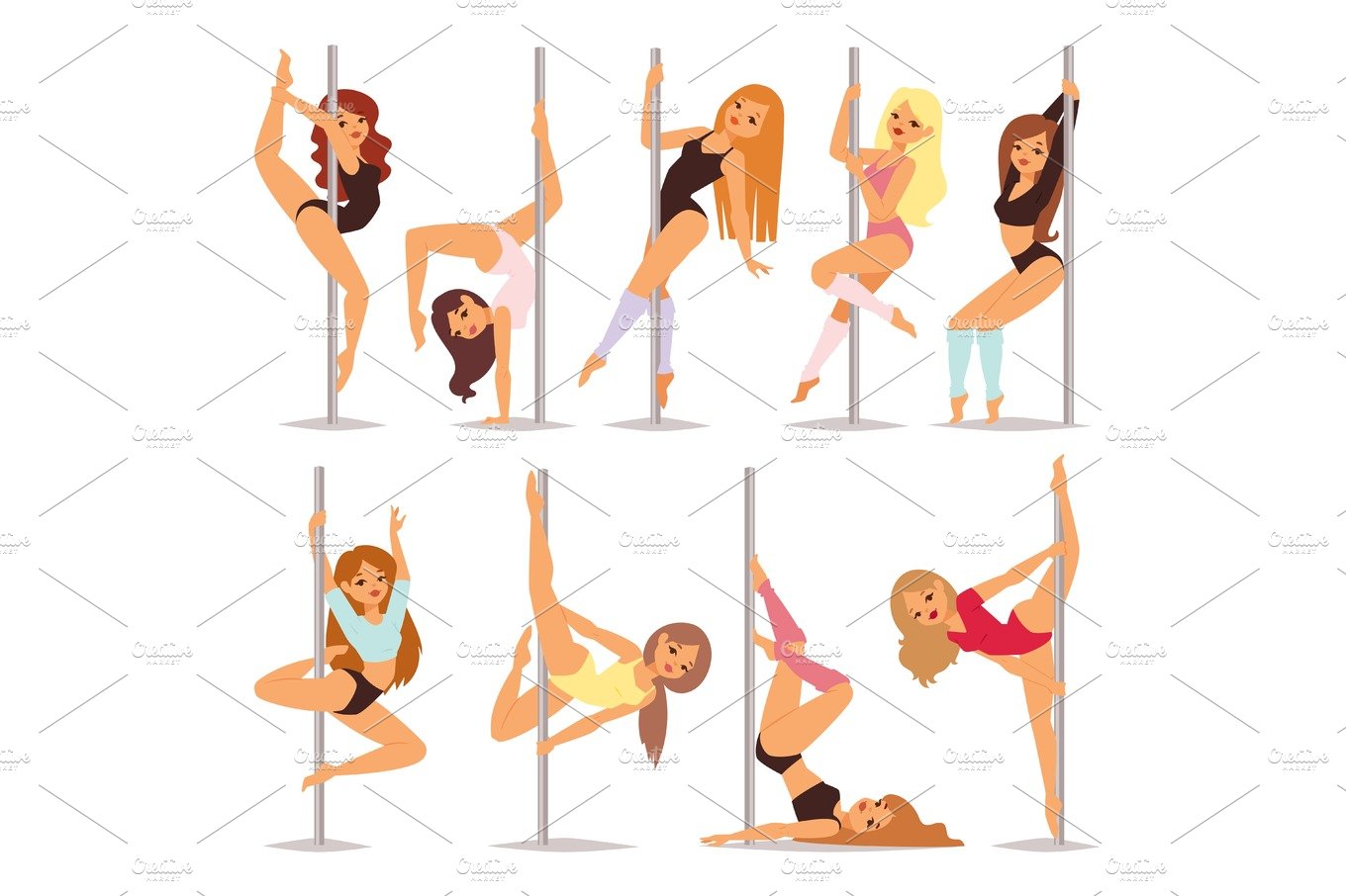 Set of pole dance women cartoon style isolated on white background and youn... cover image.