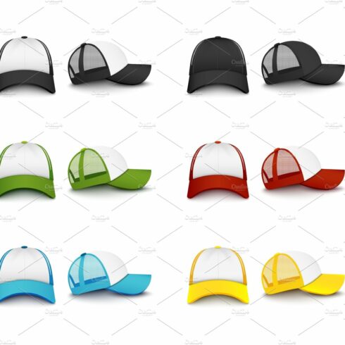 Realistic colorful baseball cap cover image.