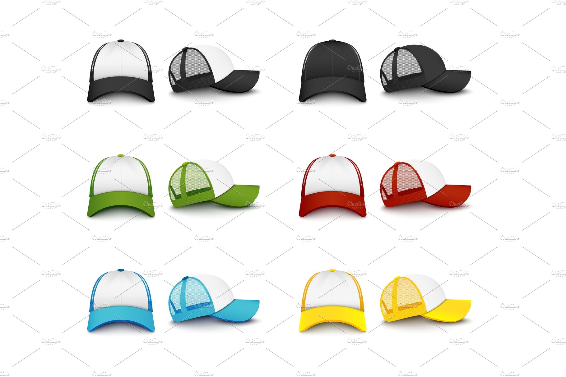 Realistic colorful baseball cap cover image.