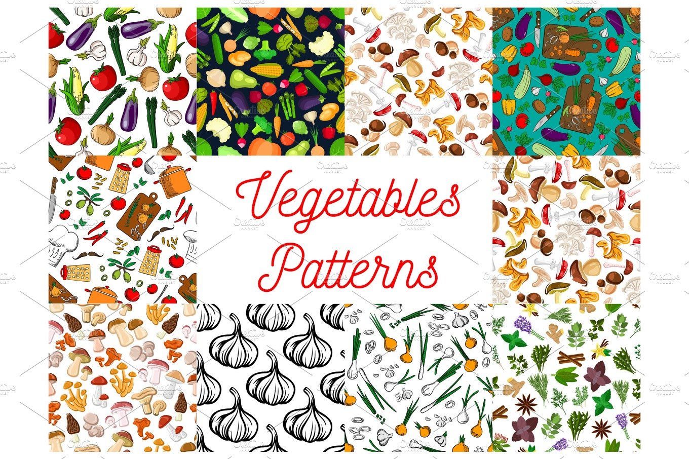 Vegetables, herbs, mushrooms seamless patterns set cover image.