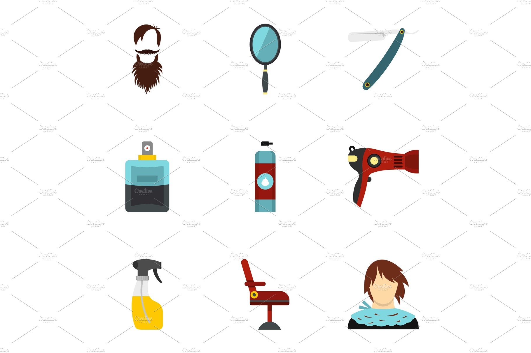 Hairdresser icons set, flat style cover image.