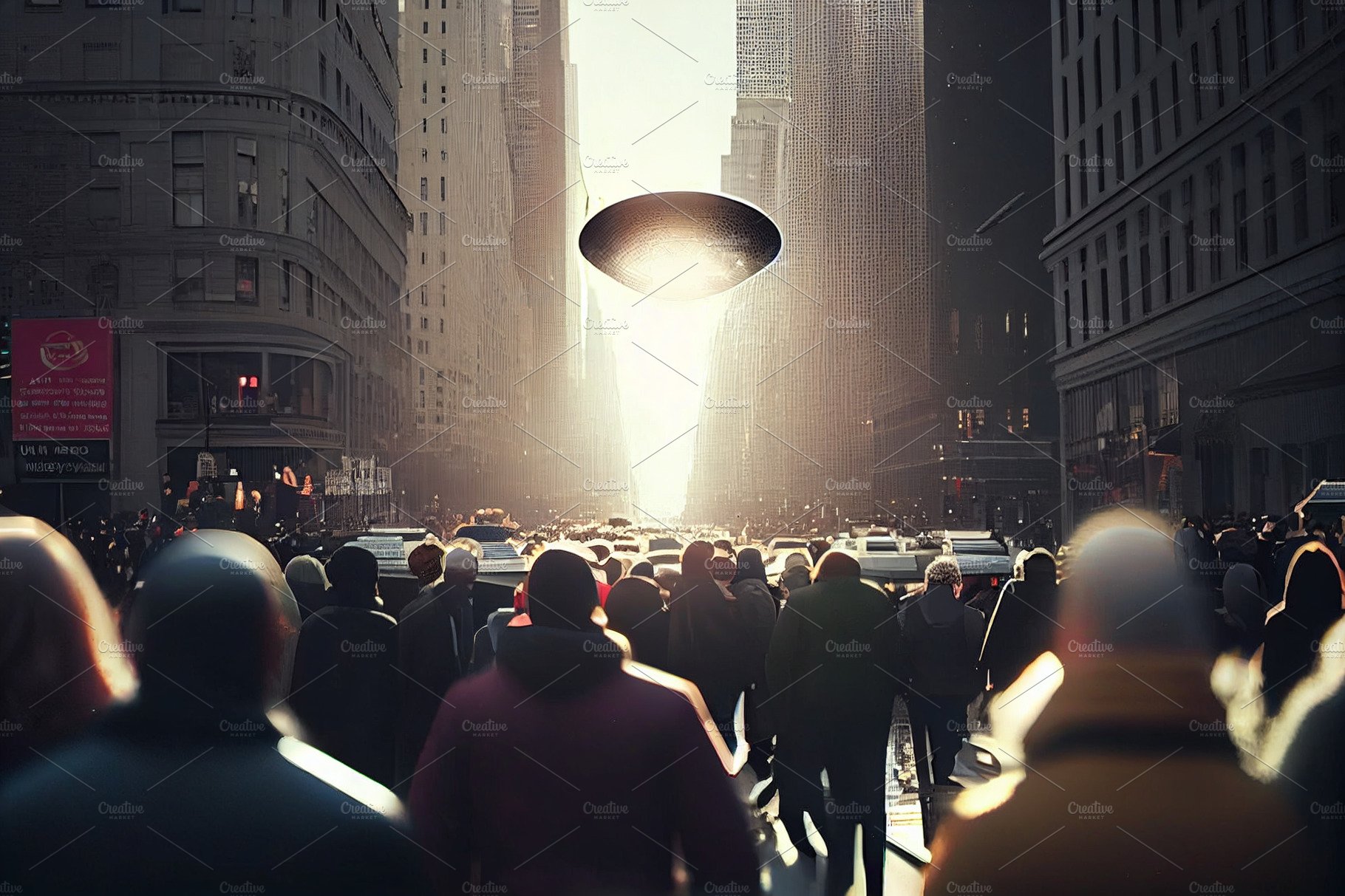 UFO flying over city and crowds of people in panic running away. Spacecraft is cover image.