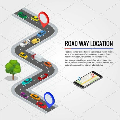 Road way location and Mobile gps navigation. Flat isometric high quality ci... cover image.