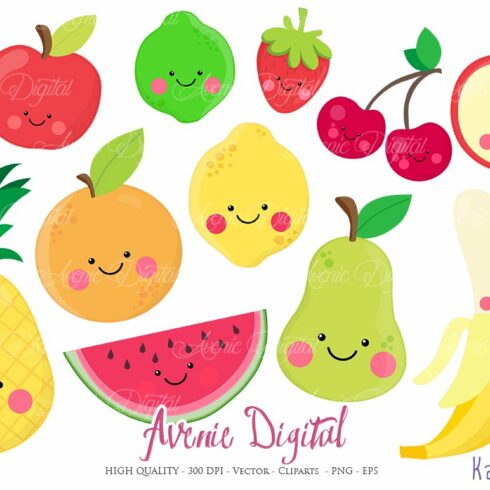 Kawaii Fruits Clipart + Vectors cover image.