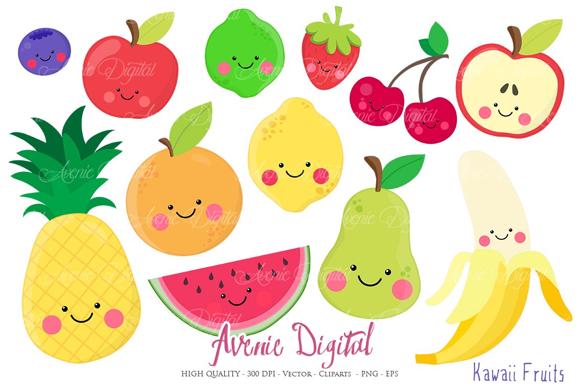 Kawaii Fruits Clipart + Vectors cover image.