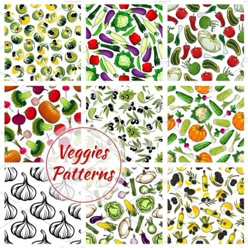 Vegetables seamless patterns set of veggies icons cover image.