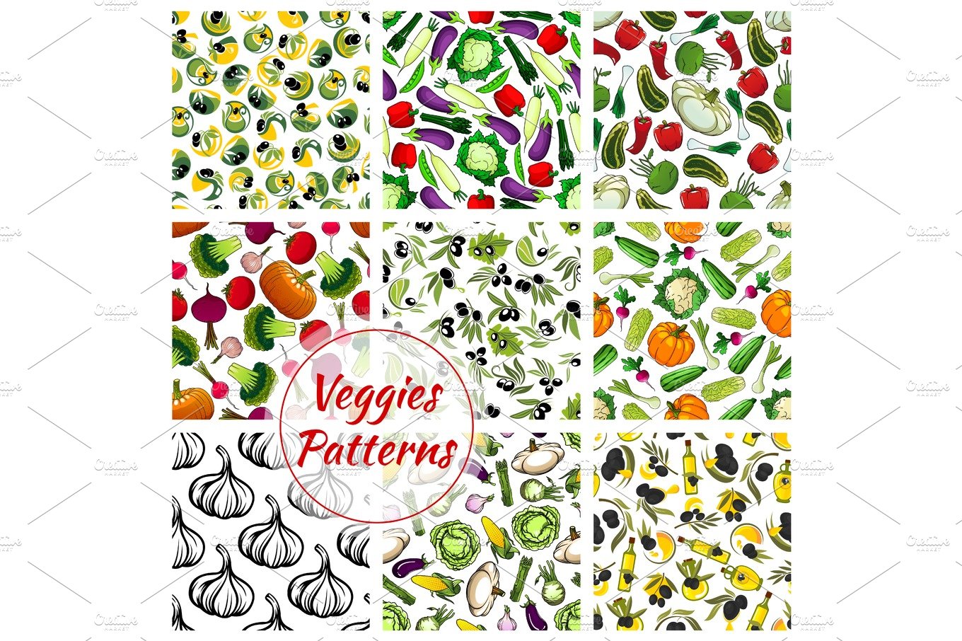 Vegetables seamless patterns set of veggies icons cover image.