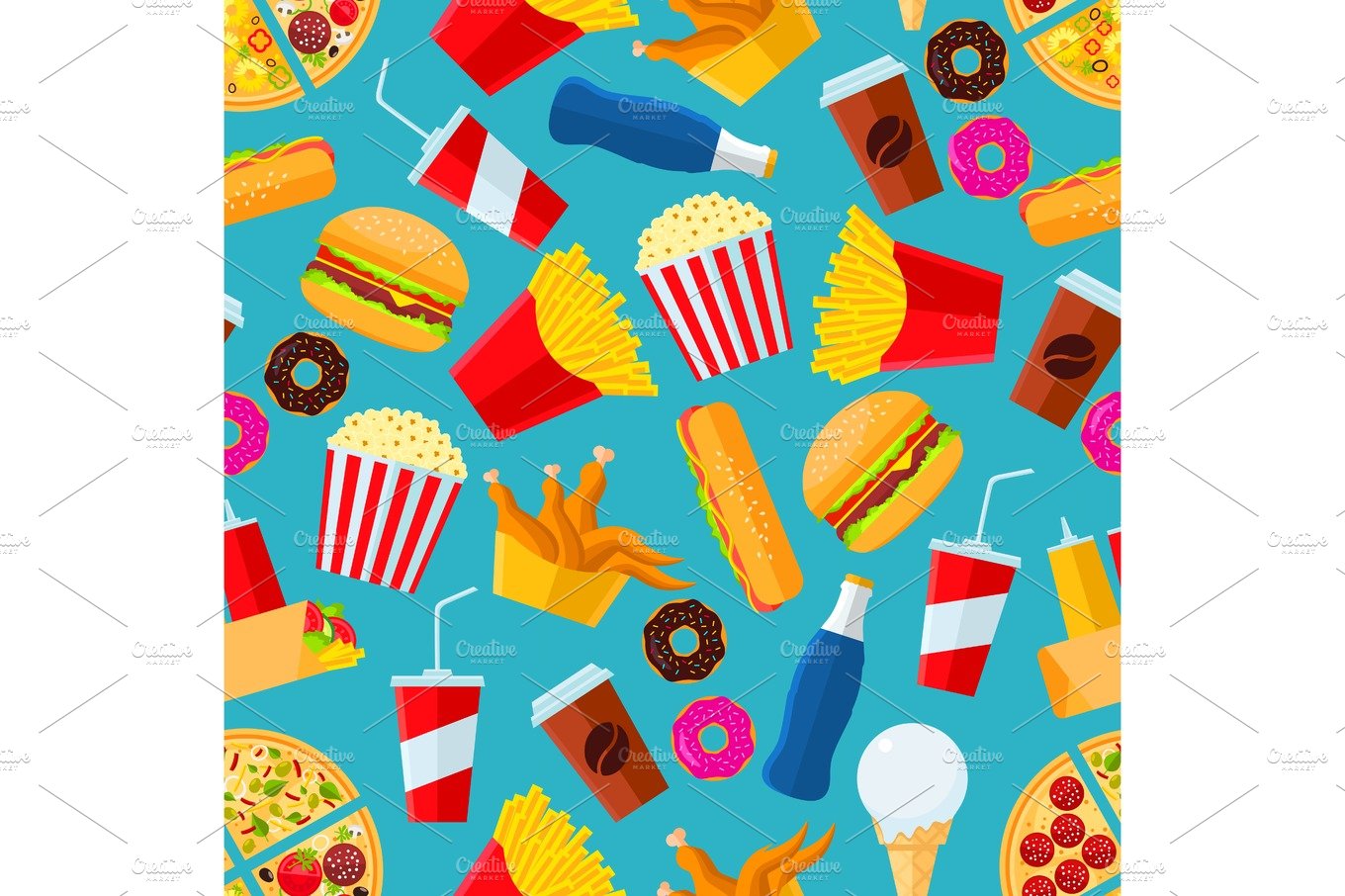 Fast food snacks and drinks seamless background cover image.