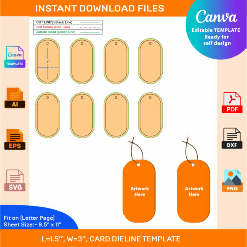 Keychain Card, Dieline Template, SVG, EPS, PDF, DXF, Ai, PNG, JPEG cover image.