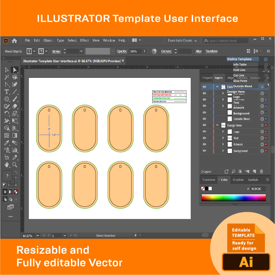 Keychain Card, Dieline Template, SVG, EPS, PDF, DXF, Ai, PNG, JPEG preview image.