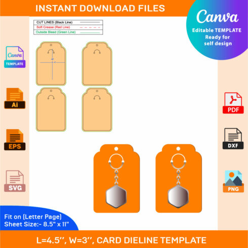 Keychain, Dieline Template, SVG, EPS, PDF, DXF, Ai, PNG, JPEG cover image.