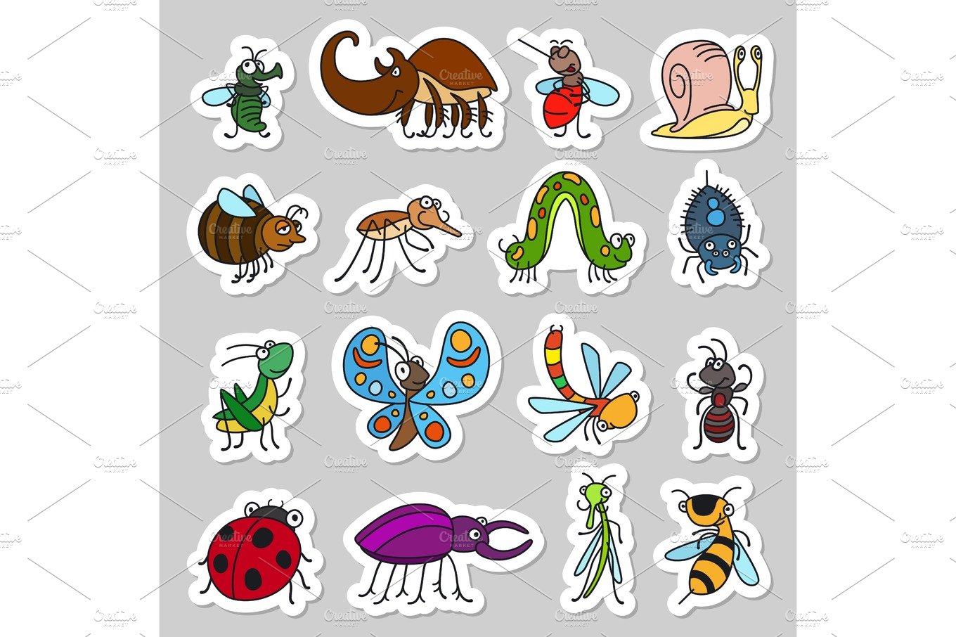 Cute insects and bugs stickers set cover image.