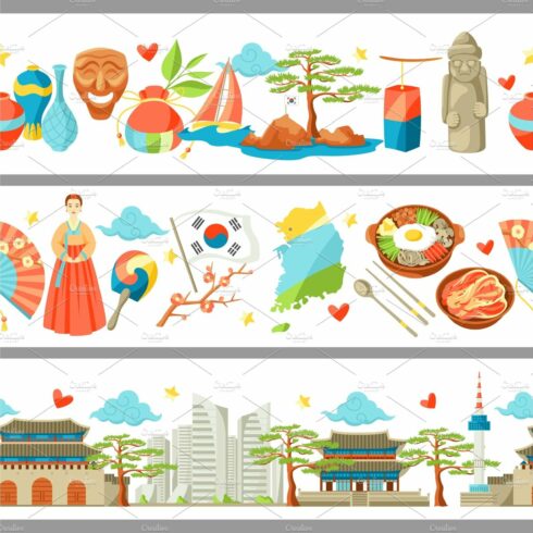 South Korea seamless borders. Korean traditional symbols and objects cover image.