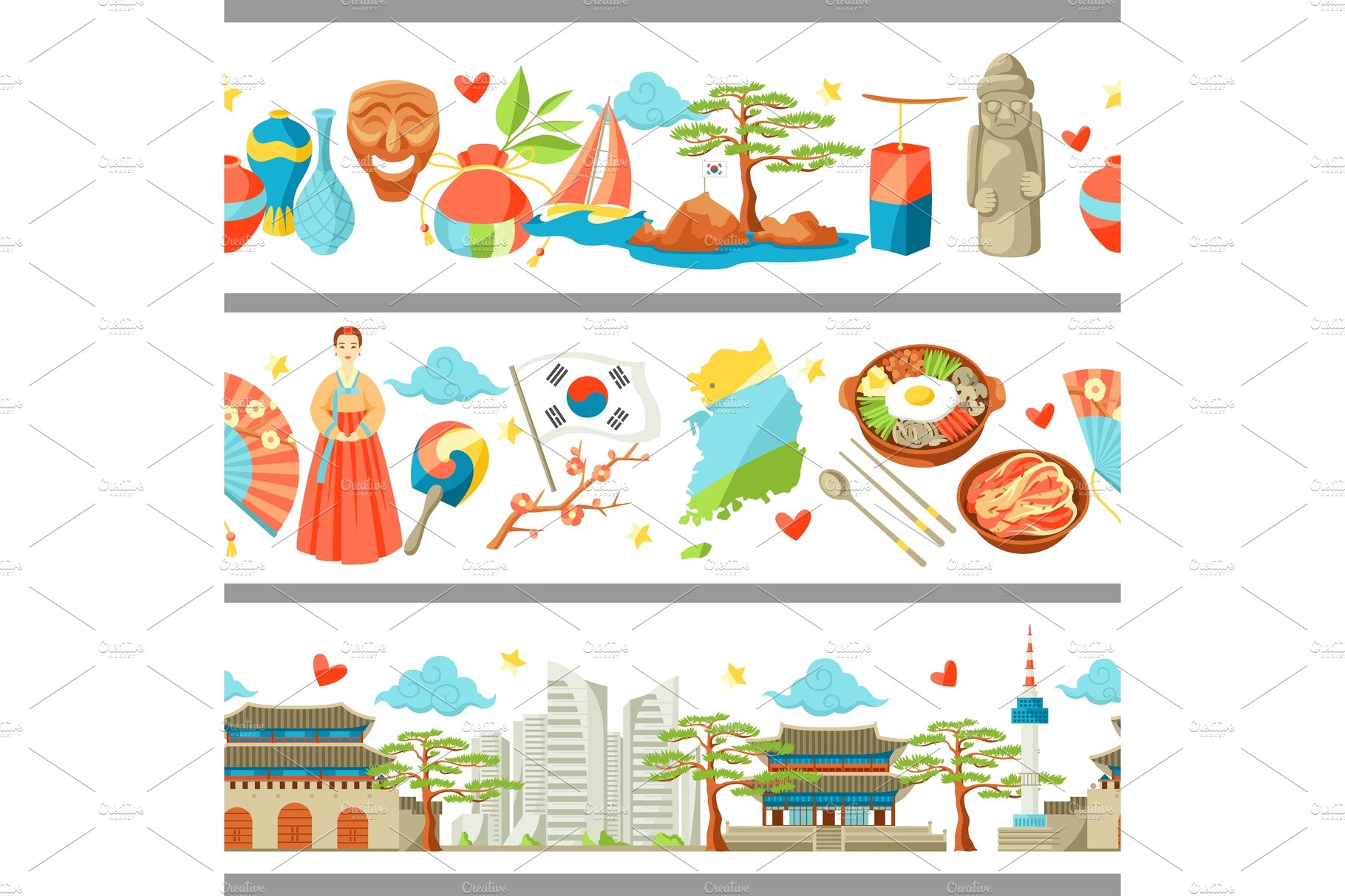 South Korea seamless borders. Korean traditional symbols and objects cover image.