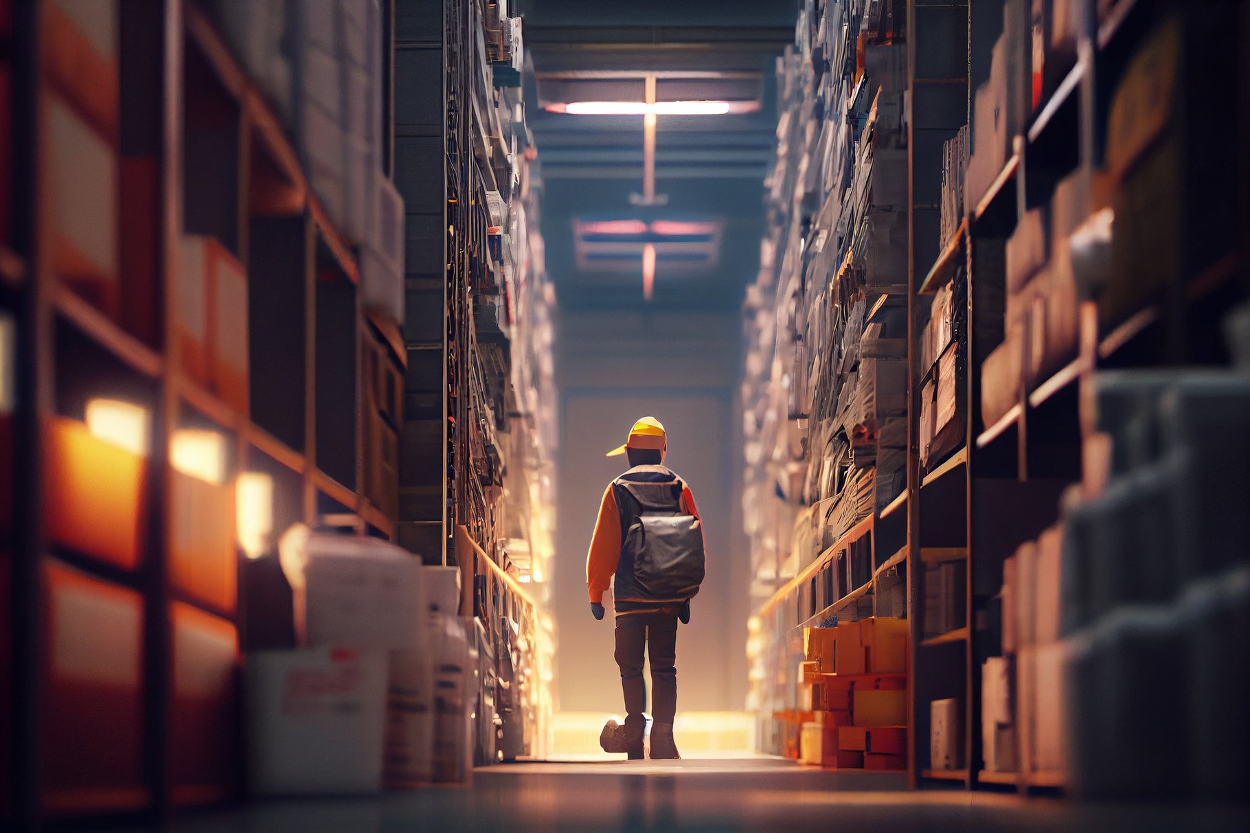 Back view of a warehouse worker with a trolley. Stock Factory worker cover image.