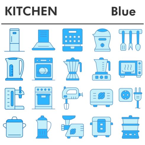 Kitchen icons set, blue style cover image.