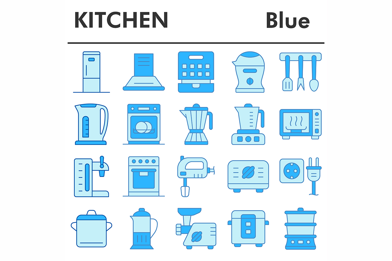 Kitchen icons set, blue style pinterest preview image.