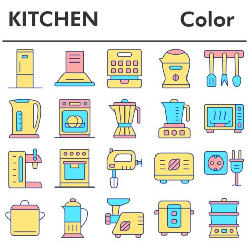 Kitchen icons set, color style cover image.