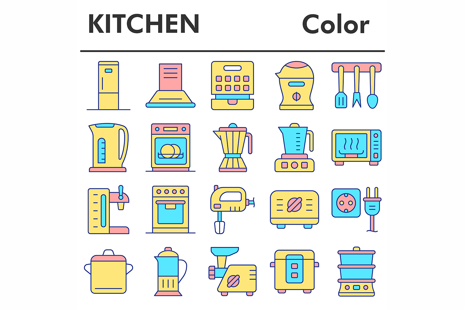 Kitchen icons set, color style pinterest preview image.