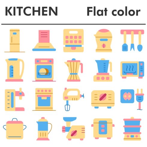 Kitchen icons set, flat color style cover image.