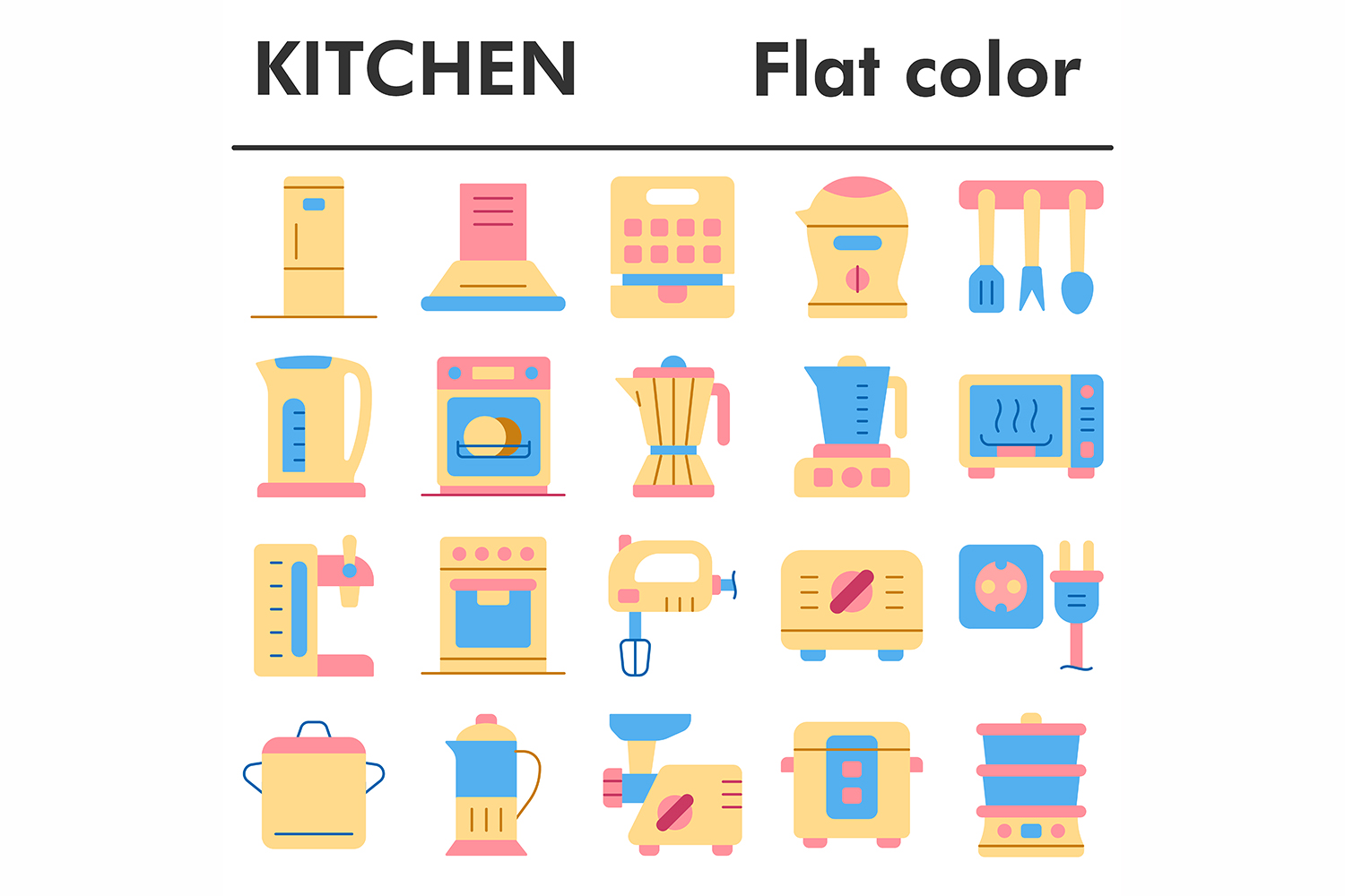 Kitchen icons set, flat color style pinterest preview image.