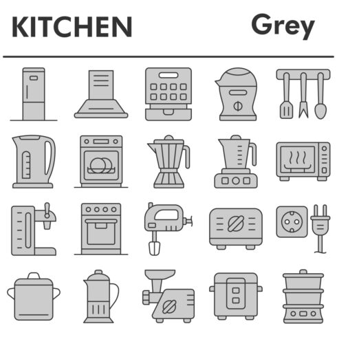 Kitchen icons set, gray style cover image.