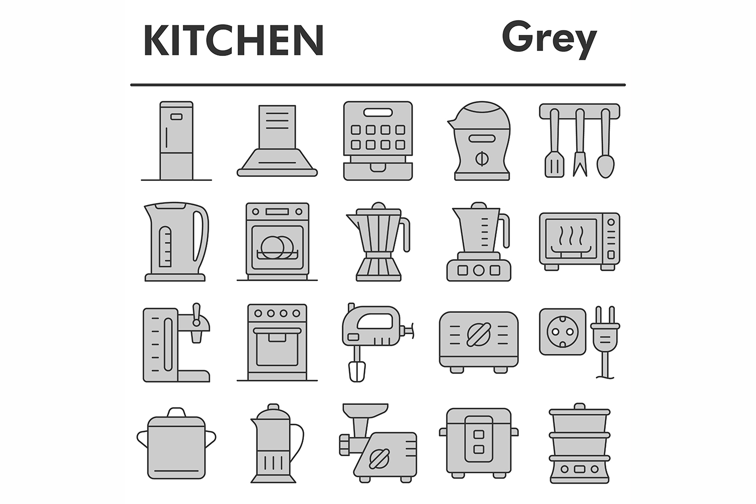 Kitchen icons set, gray style pinterest preview image.