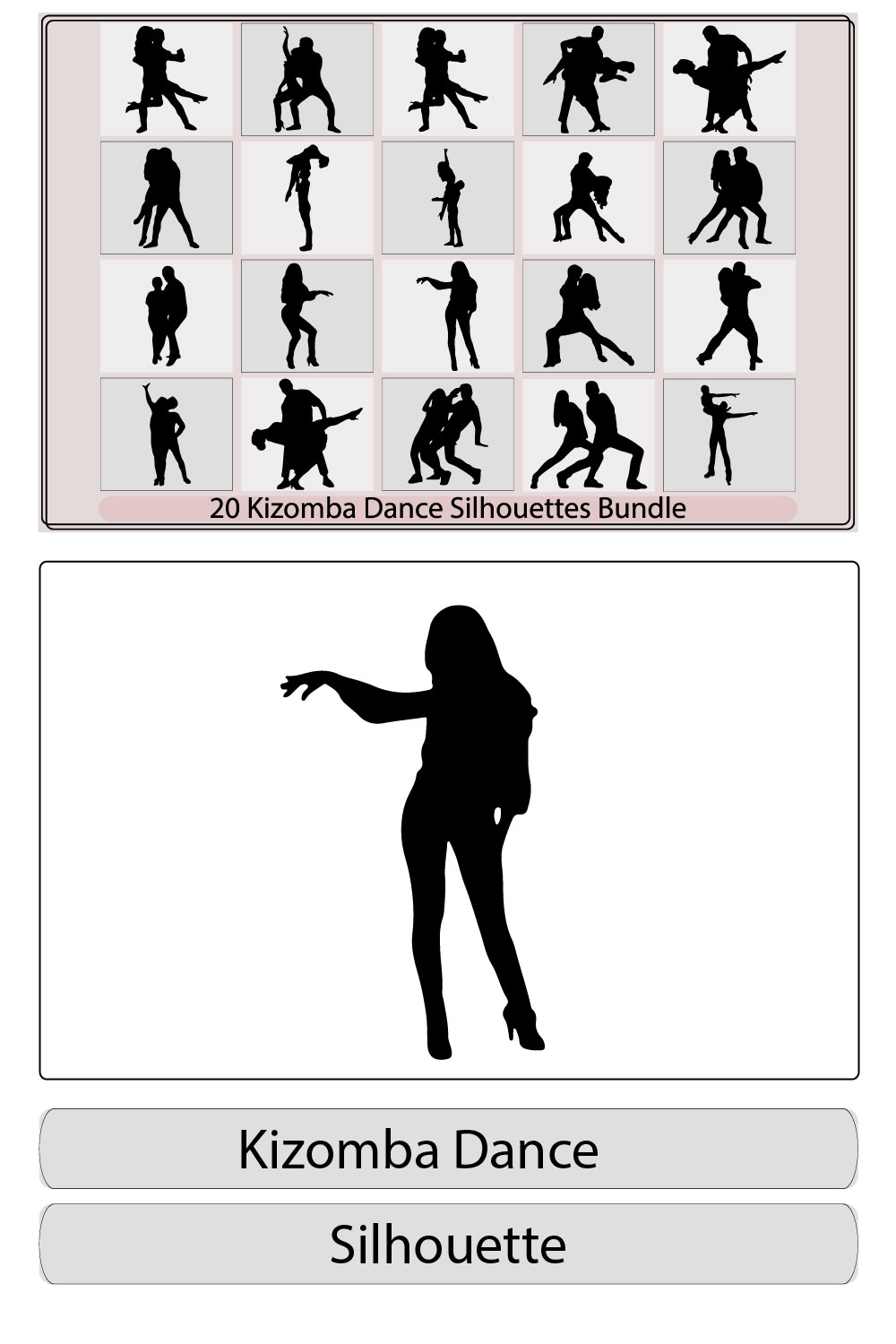 Set of silhouettes of dancing couples,Social dancing Silhouette Dancing couple,kizomba dance silhouette,kizomba dance silhouette bundle pinterest preview image.