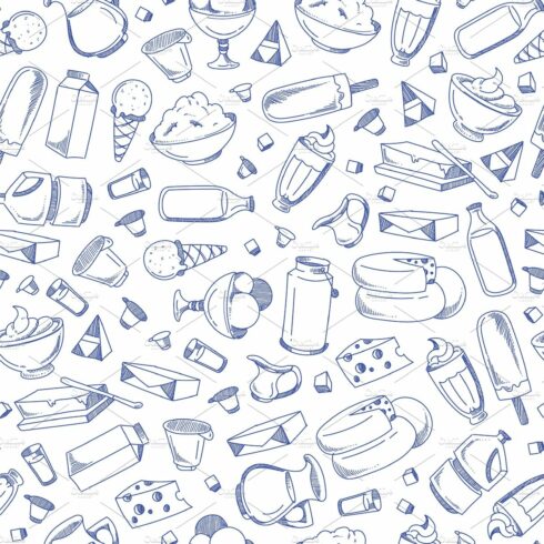 Vector monochrome hand drawn dairy products pattern cover image.