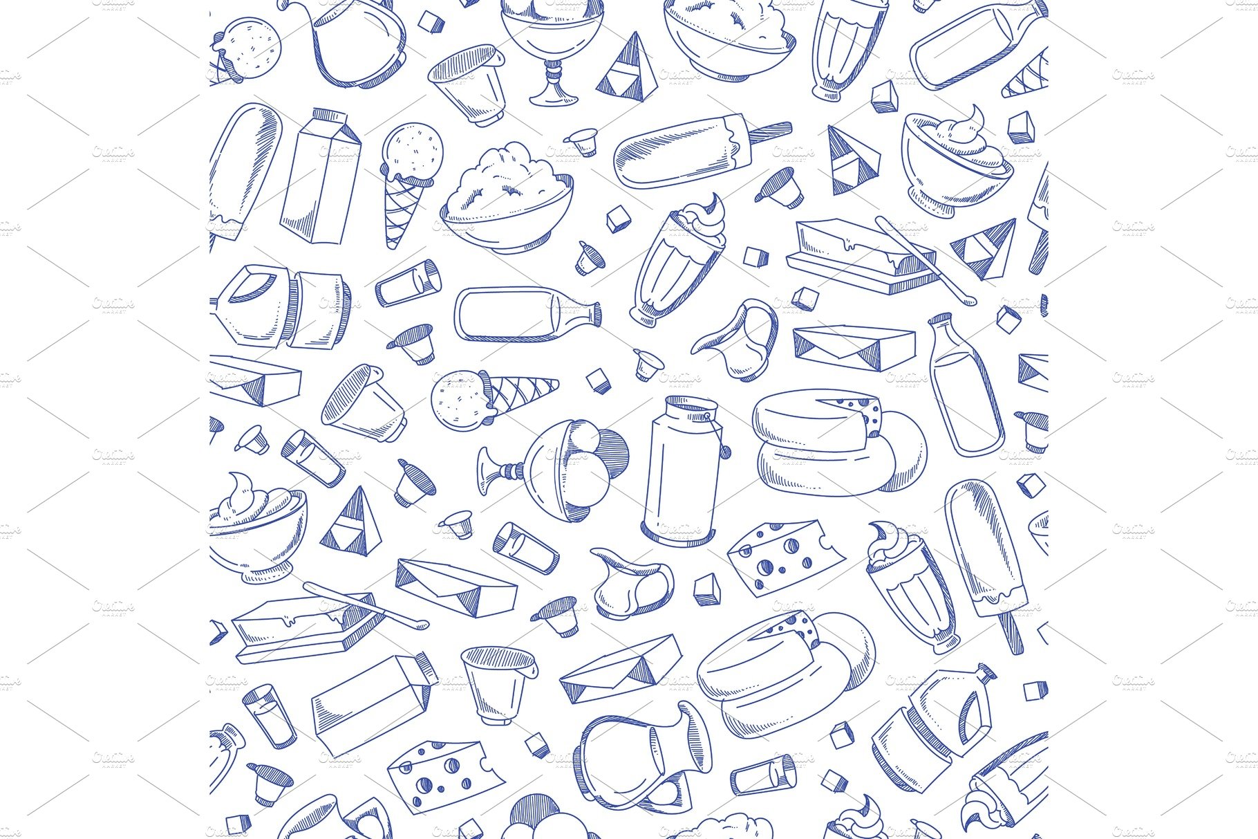Vector monochrome hand drawn dairy products pattern cover image.